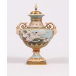 A ROYAL WORCESTER CHINA VASE AND COVER, 1908, of flared form with leaf moulded sloping shoulders,