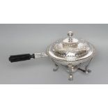 AN EDWARDIAN EPNS CHAFING DISH of circular form with everted acanthus leaf rim and angular ebony