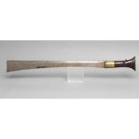 A BURMESE NAGA DAO SWORD, the 19" broad blade flared to the end, brass ferrule, flared wood grip and