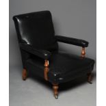 A VICTORIAN GOLDEN OAK CLUB ARMCHAIR upholstered in black leatherette, padded back with straight