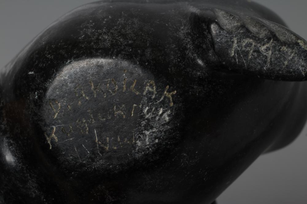 THREE INUIT STONE CARVINGS depicting a seal, walrus and a seabird, two signed and and one with " - Image 8 of 8