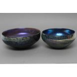 TWO IRIDESCENT GLASS BOWLS by Karen Lawrence, 1988, each of deep circular form, signed, 8" and 6 1/