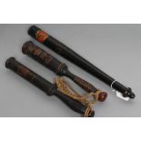THREE ANTIQUE TRUNCHEONS, one 18 1/4" turned and tapering example painted with "IIII W.R" and the