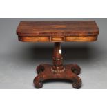 AN EARLY VICTORIAN ROSEWOOD CARD TABLE, the rounded oblong folding swivel top opening to a green