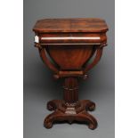 A WILLIAM IV MAHOGANY WORK TABLE of canted oblong form with cushion moulded frieze, hinged quarter