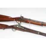 TWO PERCUSSION MILITARY MUSKETS, both Indian based on British patterns, with front and rear
