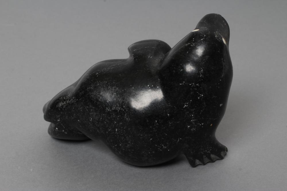 THREE INUIT STONE CARVINGS depicting a seal, walrus and a seabird, two signed and and one with " - Image 5 of 8