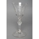 A "NEWCASTLE" TYPE WINE GLASS, late 18th century, the round conical bowl Dutch engraved with the