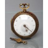 A GILT METAL PAIR CASED VERGE POCKET WATCH, the white enamel dial with black Arabic numerals, the