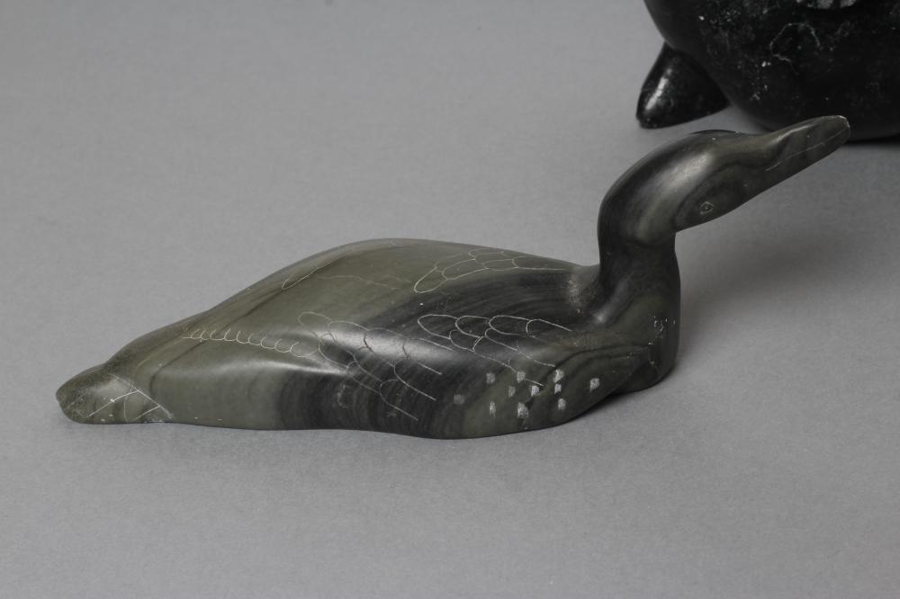 THREE INUIT STONE CARVINGS depicting a seal, walrus and a seabird, two signed and and one with " - Image 3 of 8