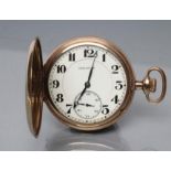 A BURLINGTON GOLD PLATED TOP WIND HUNTER POCKET WATCH, the cream enamel dial with black Arabic