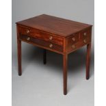 A GEORGIAN MAHOGANY READING TABLE, c.1800, of oblong form with ebony stringing, hinged moulded edged