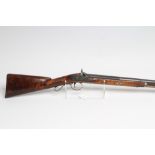 A PERCUSSION SPORTING GUN, with 31 3/4" barrel octagonal at the breech, leaf etched barrel tang,