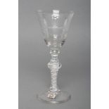 A "NEWCASTLE" TYPE WINE GLASS, mid 18th century, the round funnel bowl Dutch engraved with the sun