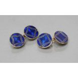 A PAIR OF 18CT GOLD CUFFLINKS, the plain discs with blue guilloche enamel, Birmingham 1945,