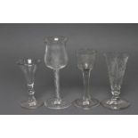 A COLLECTION OF FOUR VARIOUS GLASSES, mid 18th century and later, comprising a tulip bowl wine