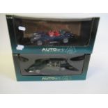 Auto Art 1:18 scale Aston Martin in green and Jaguar XKSS in blue, boxed, E (Est. plus 21% premium