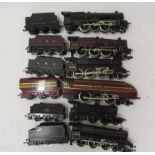 Six playworn locomotives by Hornby and others including Princess Class and Class 5, some