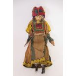 A Victorian china shoulder head doll, with painted features, moulded hair, fabric body, china