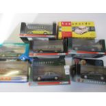 Nine late issue diecast vehicles by Vanguards and Dinky including Jaguar, Rover and MG Box, E-M (