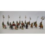 Wooden small Chinese figures of unknown origin, modern and ancient soldiers on horseback, drummers