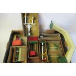 Post war Hornby trackside accessories including signal box, yard crane, water tower and signals,