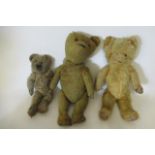Three early teddy bears, two with amber glass eyes, one with non-functioning music box, longest