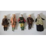 Five bisque head doll's house dolls, circa 1900, four with moulded hair, all with bisque limbs and