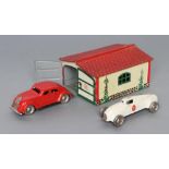 Lehmann Gnom toys tinplate printed garage with Gnom toys Nr807 car and Gnom toys Nr810 race car,