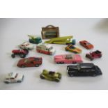 Playworn diecast vehicles by Dinky, Matchbox, Corgi and others including Police cars, tractor,