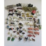 Farm animals and farmyard accessories by Britains and others including cows, pigs, sheep and horses,