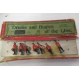 Britains Drums and Bugles of The Line, six figures with officer, box AF, models F-P (Est. plus 21%