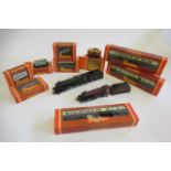 Hornby King Henry VIII, L.M.S. Compound 4-4-0, three G.W.R. Corridor Coaches and six goods wagons,