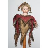 A bisque shoulder head musical marotte doll, by Heinrich Handwerck, with blue glass fixed eyes, open