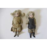 A pair of all bisque doll's house dolls, with blue glass fixed eyes, closed mouths, blonde wigs,