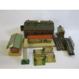 Hornby trackside accessories including electric two road engine shed, No 2 station, signal box and