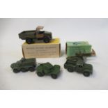 Britains Beetle Army Lorry, some damage and paint loss, boxed F, a 25pdr gun, box AF and three Dinky