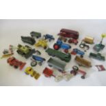 Playworn farm and construction vehicles by Corgi, Dinky and others, most items damaged or parts