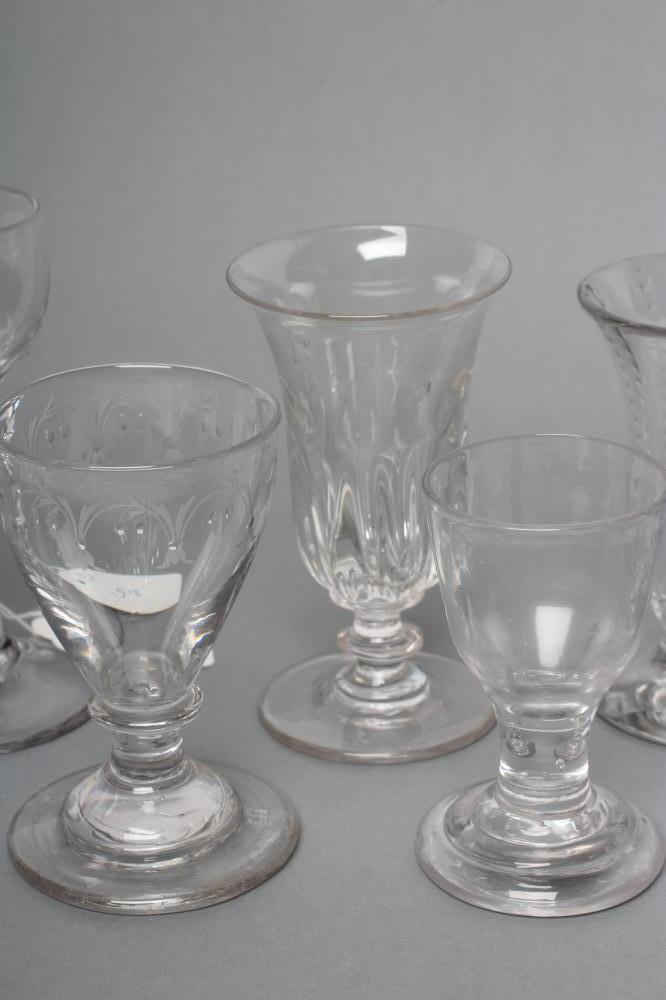 A COLLECTION OF NINE GEORGIAN AND LATER GLASSES including a cordial glass with facet cut stem, 5" - Image 3 of 4