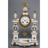 A FRENCH WHITE MARBLE AND GILT METAL PORTICO CLOCK, 19th century, the twin barrel movement with