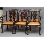 A SET OF SIX GEORGIAN MAHOGANY REVIVAL DINING CHAIRS, c.1900, including two elbow chairs, waved leaf