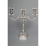 A GEORGE II STYLE TWO BRANCH THREE LIGHT SILVER CANDELABRUM, maker Barker Ellis & Co., Birmingham