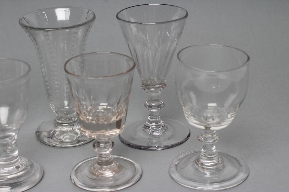 A COLLECTION OF NINE GEORGIAN AND LATER GLASSES including a cordial glass with facet cut stem, 5" - Image 2 of 4