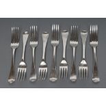 A SET OF FIVE GEORGE IV SILVER TABLE FORKS, maker's mark WE, London 1827, in Hanoverian pattern,