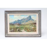 WILLIAM RUSSELL (Scottish 20th Century), "Sgurr of Eigg", oil on board, signed, artist's label to