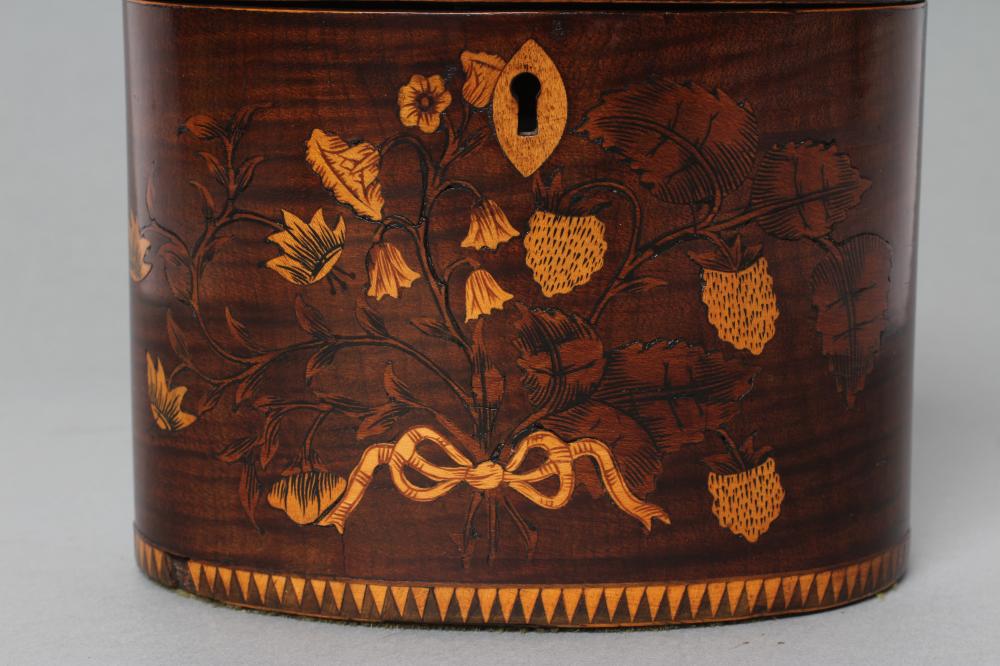 A REGENCY MAHOGANY TEA CADDY of oval form with ribbon tied marquetry flowers and berried branches, - Image 4 of 6