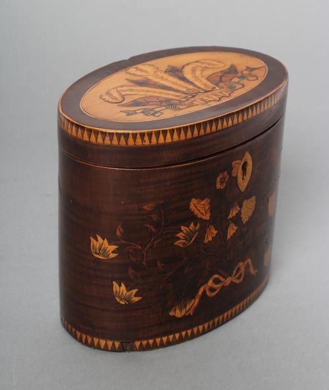 A REGENCY MAHOGANY TEA CADDY of oval form with ribbon tied marquetry flowers and berried branches, - Image 2 of 6