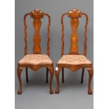 A PAIR OF DUTCH 18TH CENTURY STYLE BEECH AND FLORAL MARQUETRY SIDE CHAIRS, c.1900, with arched top