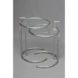 EILEEN GRAY (1878-1976), A pair of E1027 style chrome and glass tables, height adjustable, 20" x