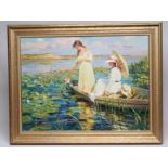 RUSSIAN SCHOOL (20th Century), Girls in a Boat amongst Water Lilies, oil on canvas, indistinctly